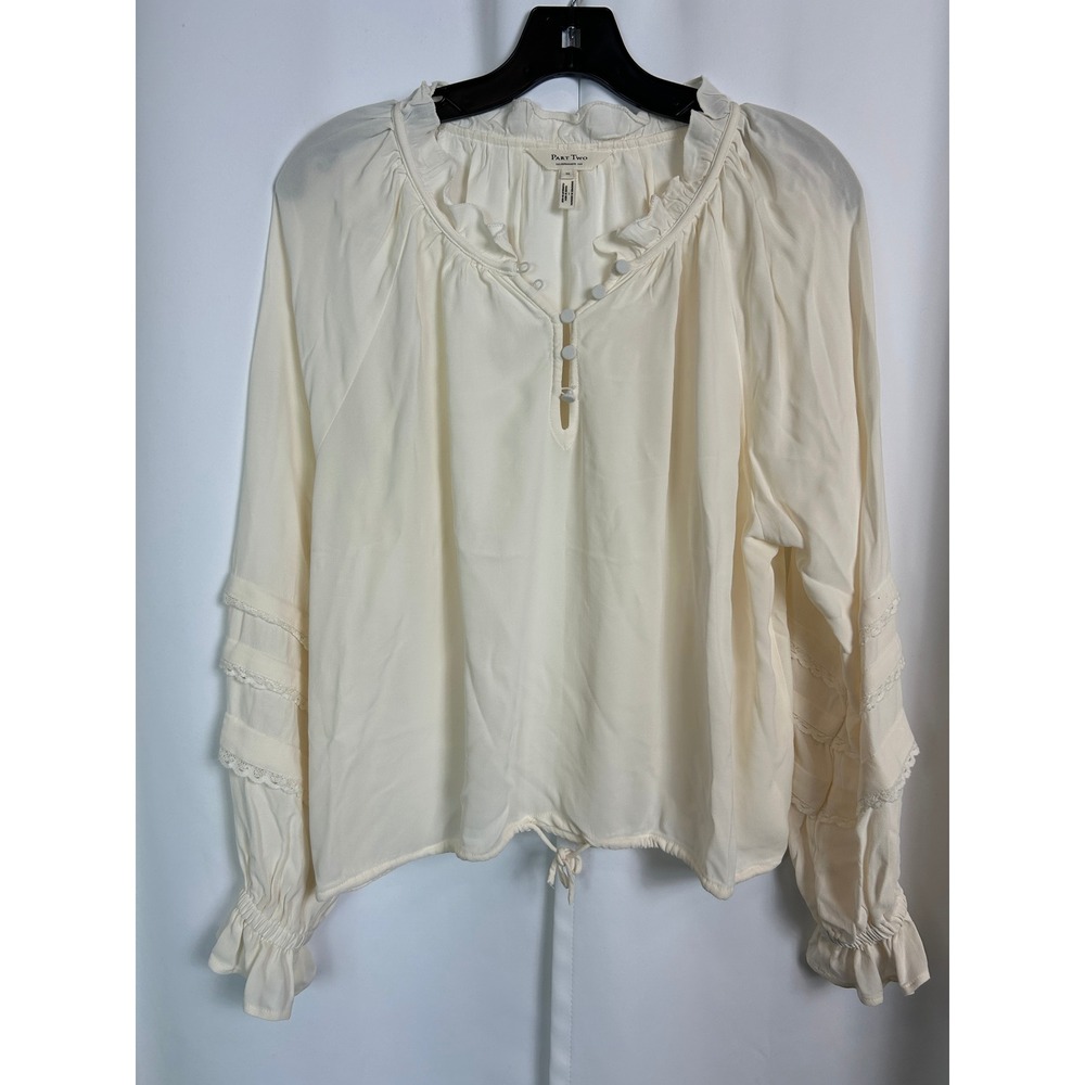 Part Two Cream Solid Blouse Ruffle Lace Trim Peasant Top Boho Romantic Coquette